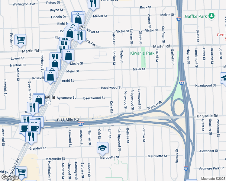 map of restaurants, bars, coffee shops, grocery stores, and more near 27350 Kelly Road in Roseville