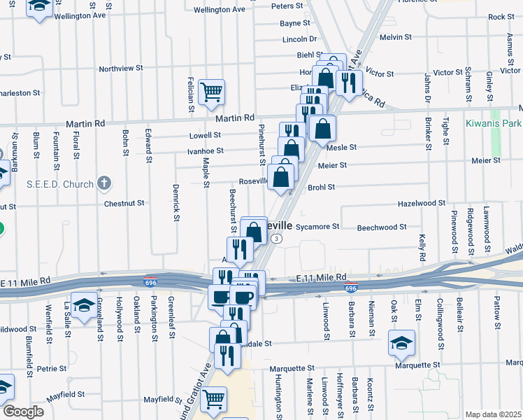 map of restaurants, bars, coffee shops, grocery stores, and more near 27337 Pinehurst Street in Roseville