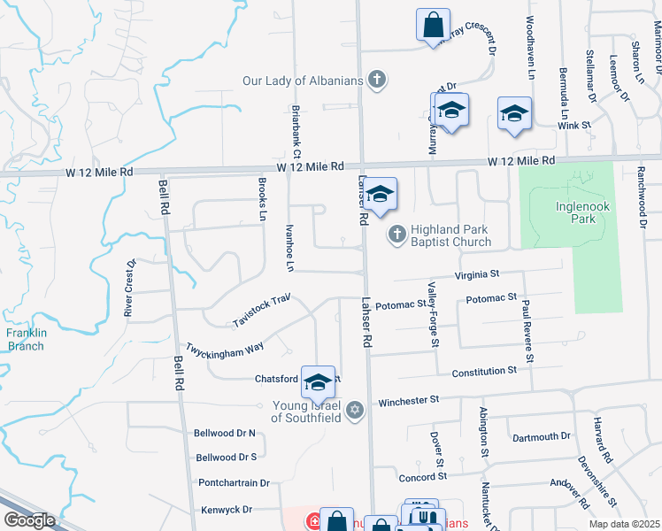 map of restaurants, bars, coffee shops, grocery stores, and more near 22180 Ivanhoe Lane in Southfield