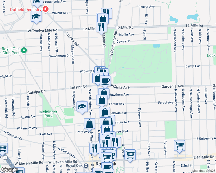 map of restaurants, bars, coffee shops, grocery stores, and more near 943 North Main Street in Royal Oak