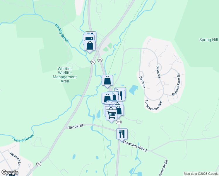 map of restaurants, bars, coffee shops, grocery stores, and more near 297 Great Road in Acton