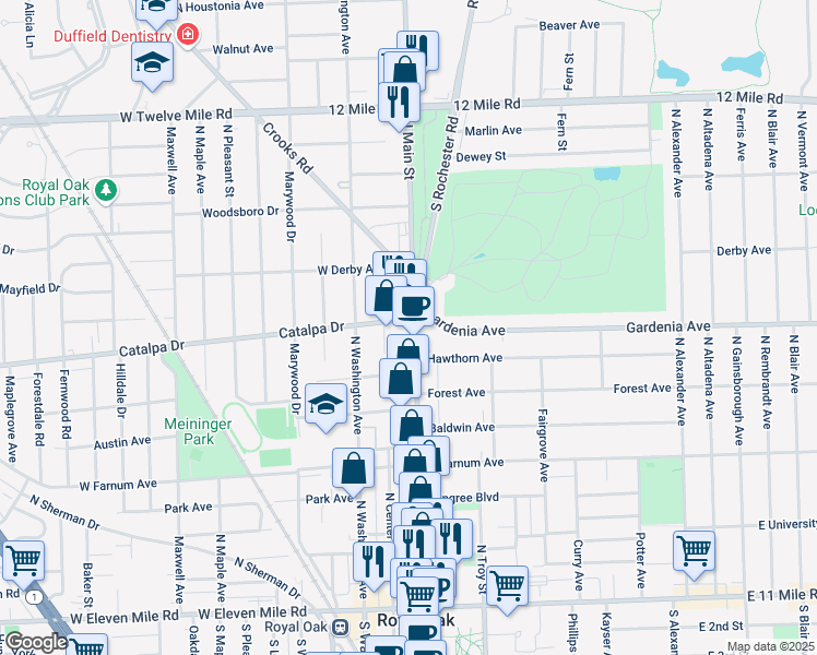 map of restaurants, bars, coffee shops, grocery stores, and more near 943 North Main Street in Royal Oak