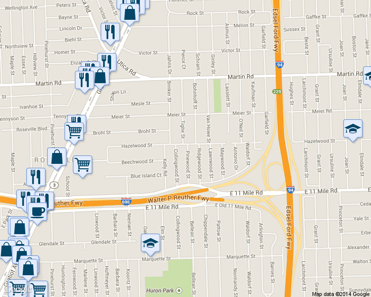map of restaurants, bars, coffee shops, grocery stores, and more near 27351 Pinewood Street in Roseville