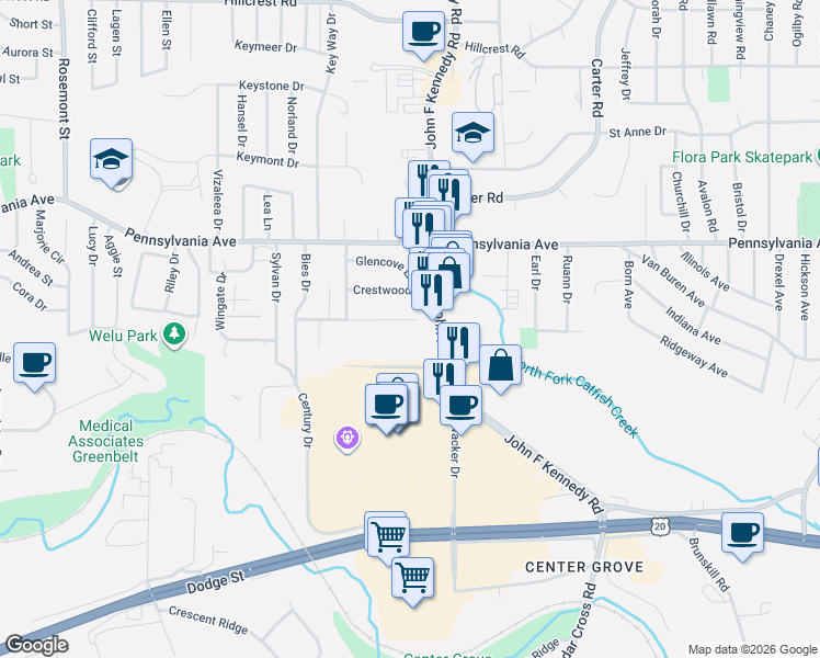 map of restaurants, bars, coffee shops, grocery stores, and more near 1555-1575 John F Kennedy Road in Dubuque