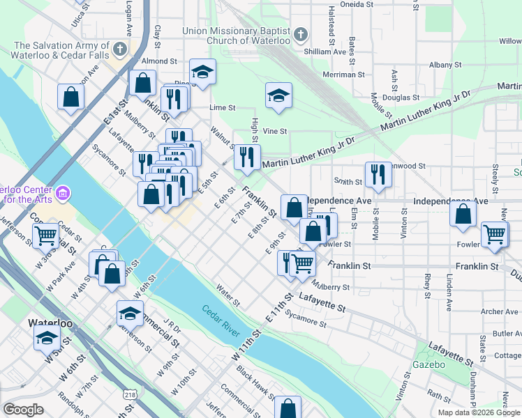 map of restaurants, bars, coffee shops, grocery stores, and more near 922 Franklin St in Waterloo
