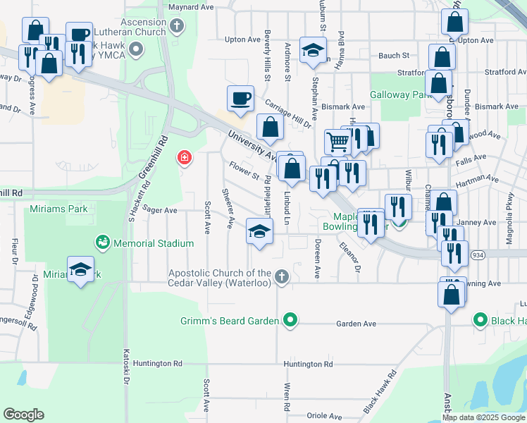 map of restaurants, bars, coffee shops, grocery stores, and more near 1700 Seneca Avenue in Waterloo