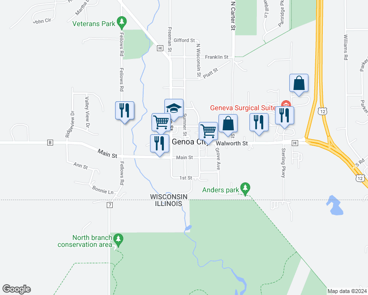 map of restaurants, bars, coffee shops, grocery stores, and more near 531 Walworth Street in Genoa City