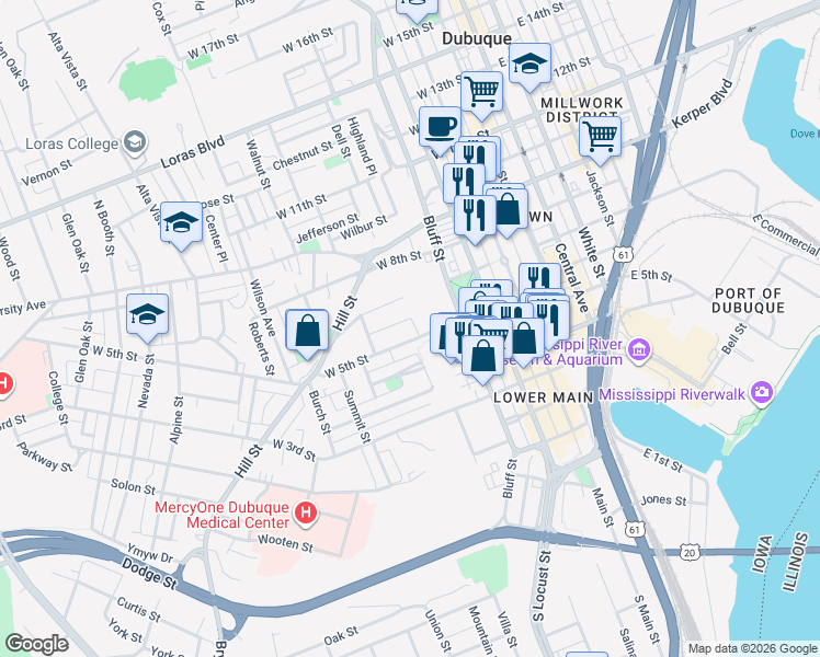 map of restaurants, bars, coffee shops, grocery stores, and more near 509 W 5th St in Dubuque