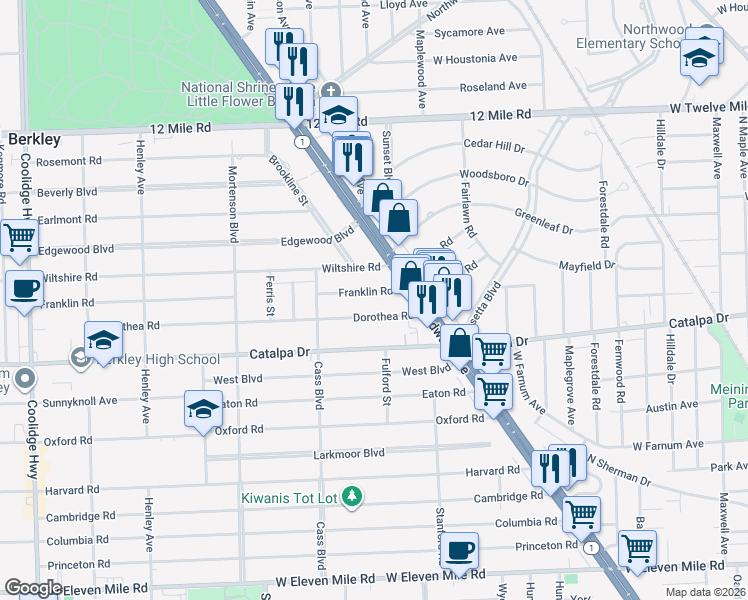 map of restaurants, bars, coffee shops, grocery stores, and more near 1307 Franklin Road in Berkley