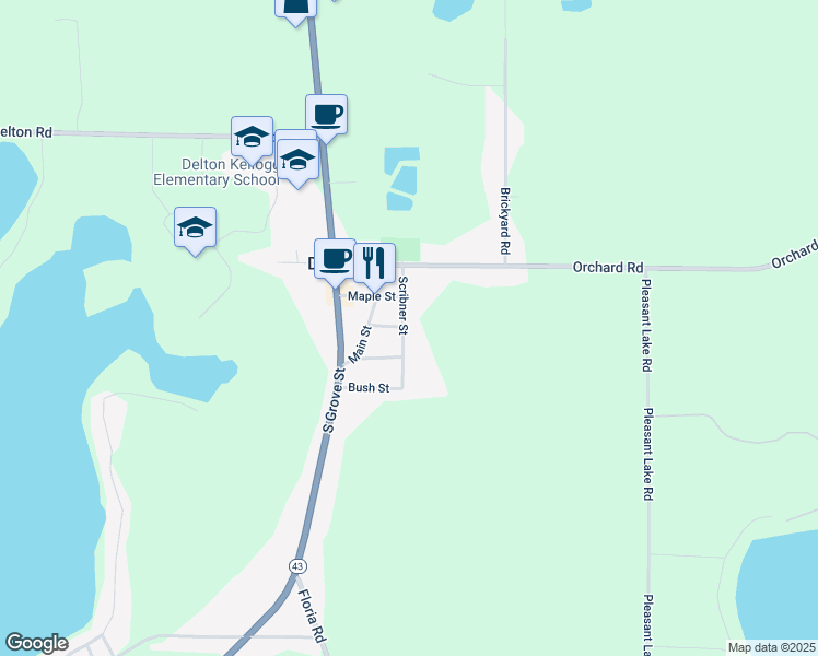map of restaurants, bars, coffee shops, grocery stores, and more near 301 Scribner Street in Delton