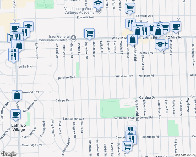 map of restaurants, bars, coffee shops, grocery stores, and more near 28332 Aberdeen Street in Southfield