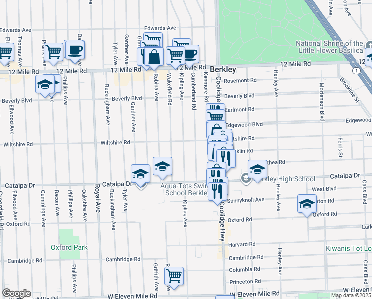 map of restaurants, bars, coffee shops, grocery stores, and more near 2824 Kipling Avenue in Berkley