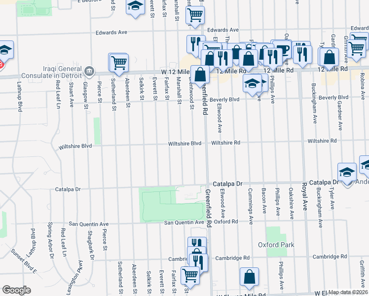 map of restaurants, bars, coffee shops, grocery stores, and more near 28300 Marshall Street in Southfield