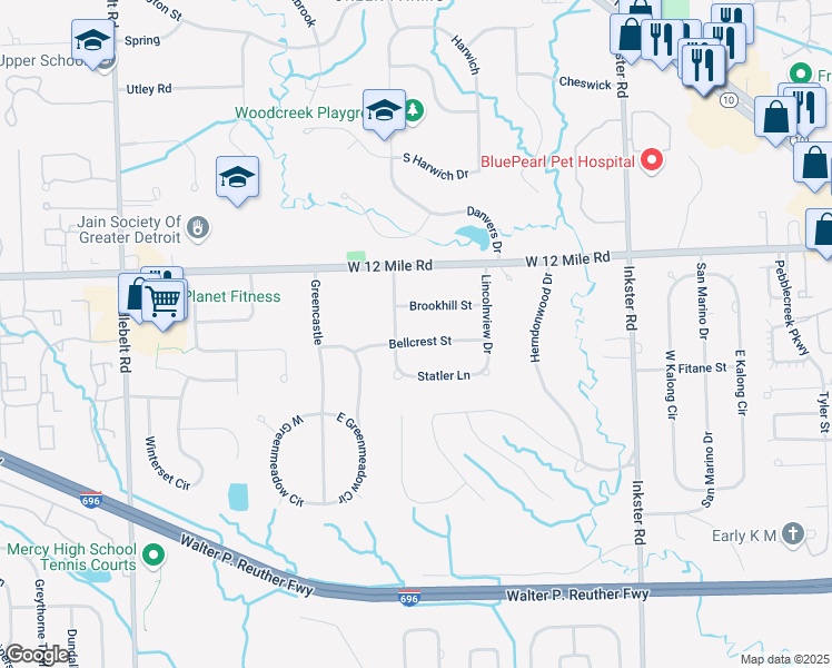 map of restaurants, bars, coffee shops, grocery stores, and more near 28226 Bellcrest Street in Farmington Hills