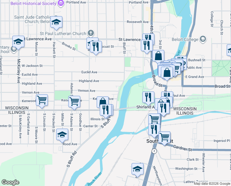 map of restaurants, bars, coffee shops, grocery stores, and more near 216 Bluff Street in Beloit