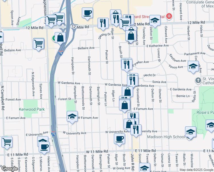 map of restaurants, bars, coffee shops, grocery stores, and more near 27890 Palmer Lane in Madison Heights