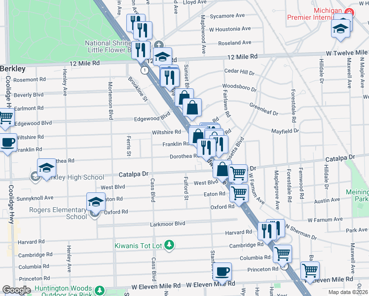 map of restaurants, bars, coffee shops, grocery stores, and more near 1307 Franklin Road in Berkley