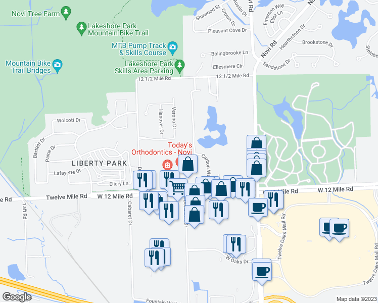 map of restaurants, bars, coffee shops, grocery stores, and more near 28143 Carlton Way Drive in Novi