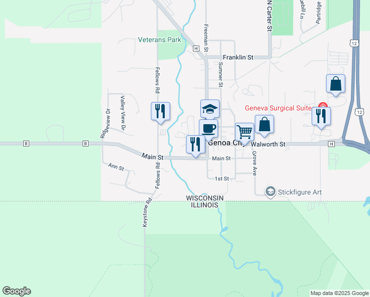 map of restaurants, bars, coffee shops, grocery stores, and more near 770 Main Street in Genoa City