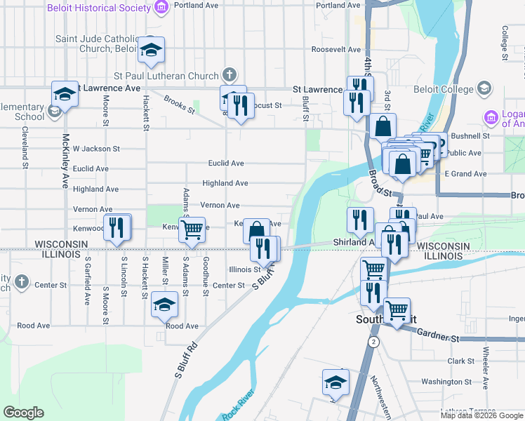 map of restaurants, bars, coffee shops, grocery stores, and more near 502 Vernon Avenue in Beloit