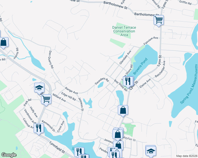map of restaurants, bars, coffee shops, grocery stores, and more near 51 Saunders Road in Lynn