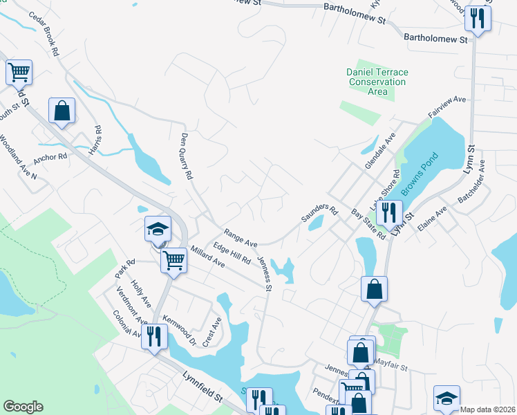 map of restaurants, bars, coffee shops, grocery stores, and more near 20 South View Road in Lynn