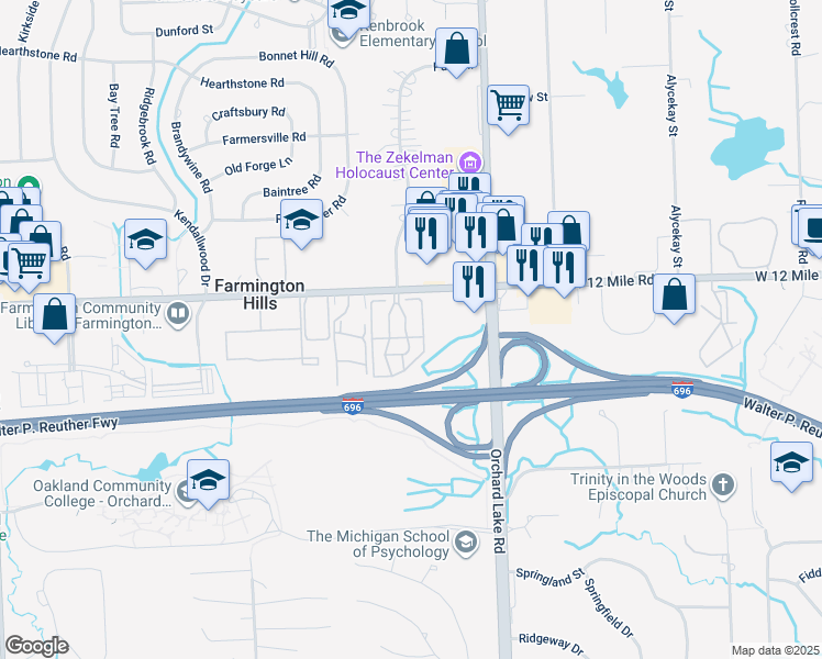 map of restaurants, bars, coffee shops, grocery stores, and more near 27542 Echo Valley West in Farmington Hills