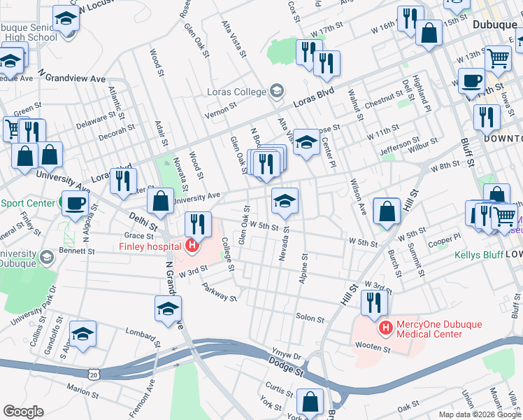 map of restaurants, bars, coffee shops, grocery stores, and more near 694 Glen Oak Street in Dubuque