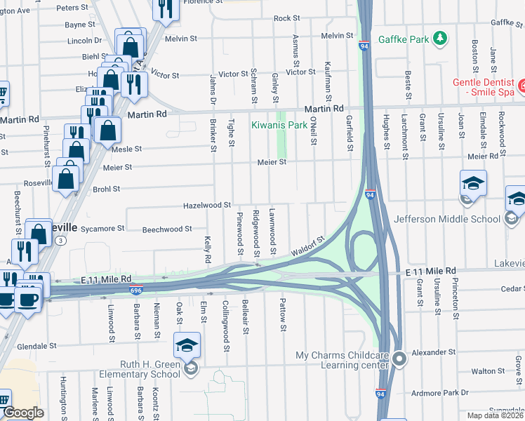 map of restaurants, bars, coffee shops, grocery stores, and more near 27352 Ridgewood Street in Roseville