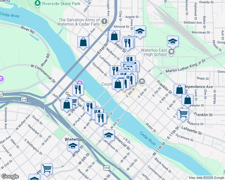map of restaurants, bars, coffee shops, grocery stores, and more near 100-110 East Park Avenue in Waterloo