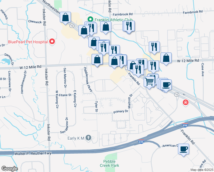 map of restaurants, bars, coffee shops, grocery stores, and more near 28600 Commons Drive in Southfield