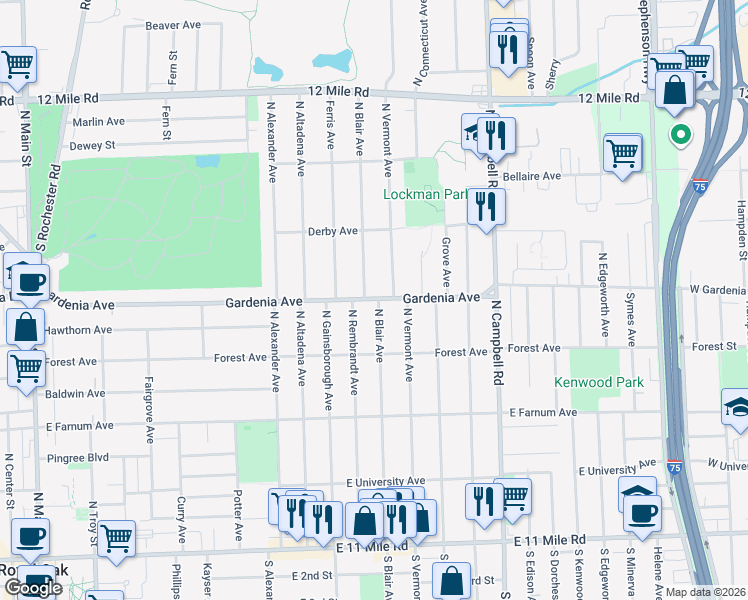 map of restaurants, bars, coffee shops, grocery stores, and more near 927 North Blair Avenue in Royal Oak