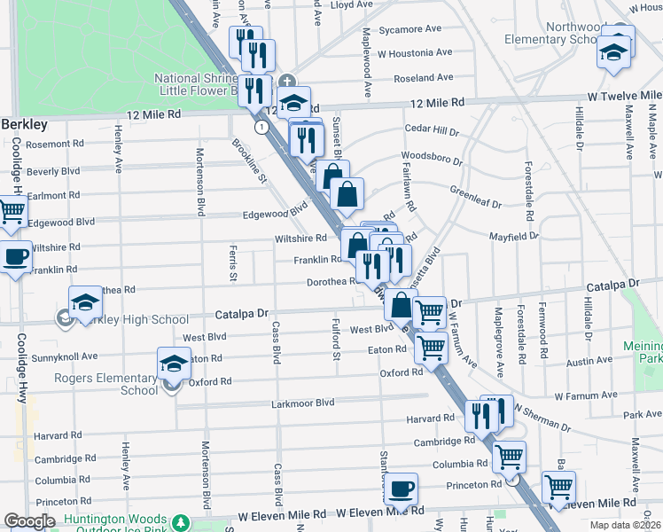 map of restaurants, bars, coffee shops, grocery stores, and more near 1307 Franklin Road in Berkley