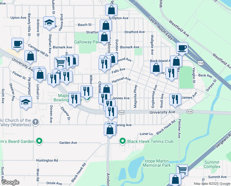map of restaurants, bars, coffee shops, grocery stores, and more near 1040 Dundee Avenue in Waterloo