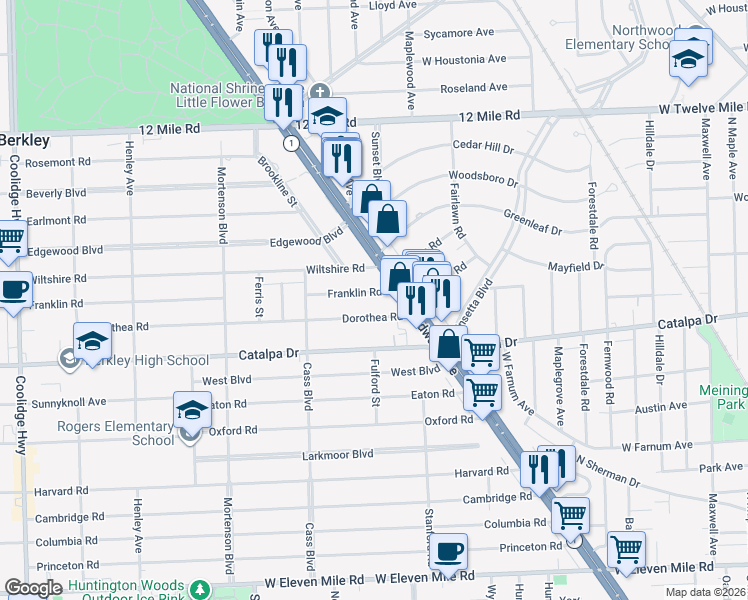 map of restaurants, bars, coffee shops, grocery stores, and more near 1307 Franklin Road in Berkley