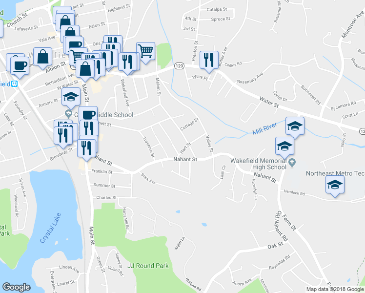map of restaurants, bars, coffee shops, grocery stores, and more near 15a Hart Street in Wakefield