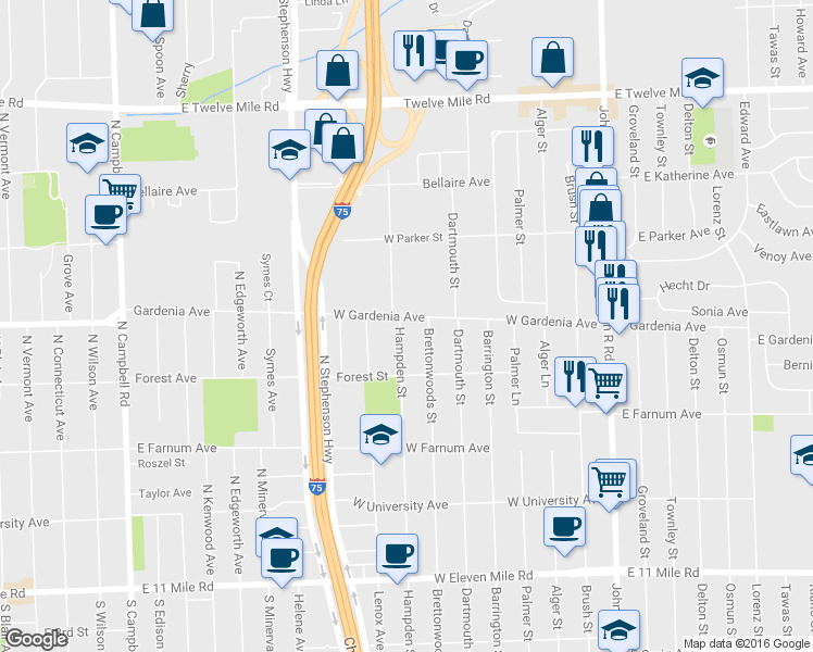 map of restaurants, bars, coffee shops, grocery stores, and more near 747 West Gardenia Avenue in Madison Heights