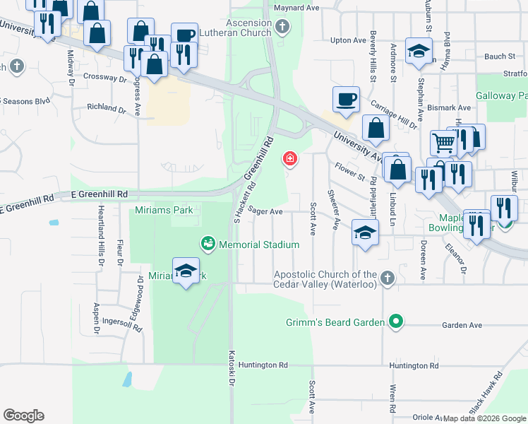 map of restaurants, bars, coffee shops, grocery stores, and more near 2101 Sager Avenue in Waterloo
