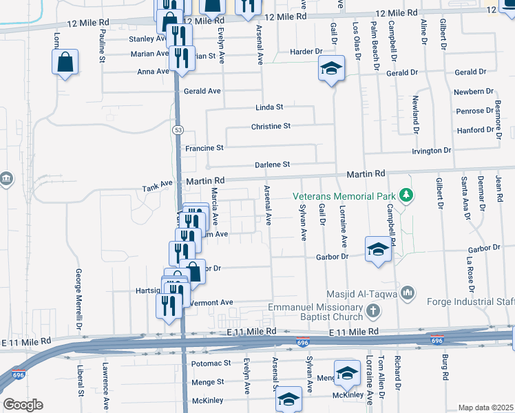map of restaurants, bars, coffee shops, grocery stores, and more near 27614 Evelyn Avenue in Warren