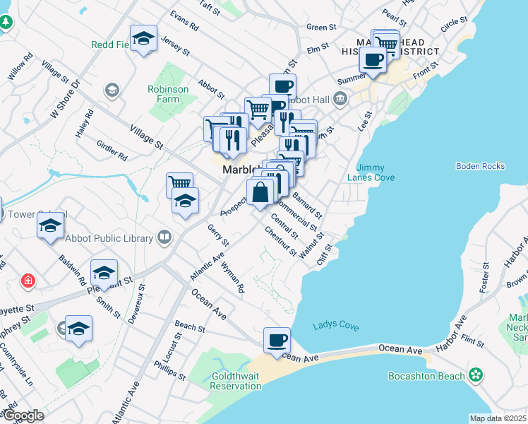 map of restaurants, bars, coffee shops, grocery stores, and more near 59 Atlantic Avenue in Marblehead