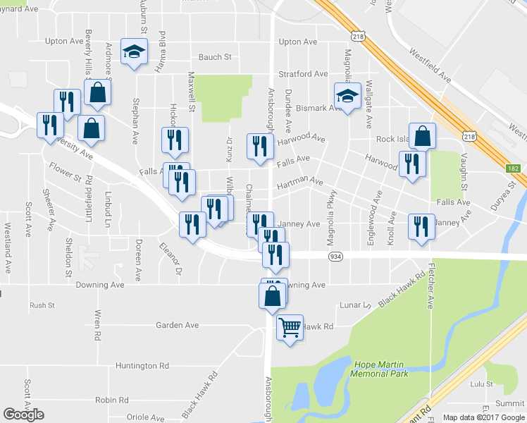 map of restaurants, bars, coffee shops, grocery stores, and more near 1028 Ansborough Avenue in Waterloo
