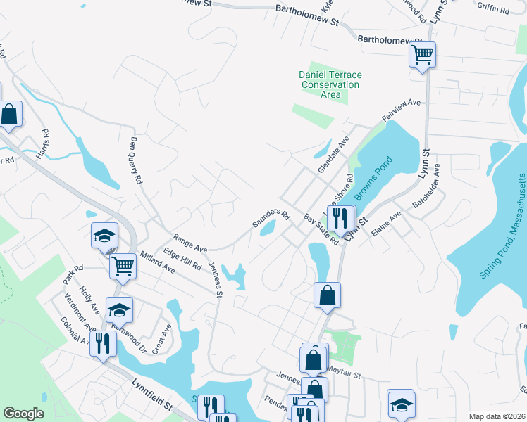 map of restaurants, bars, coffee shops, grocery stores, and more near 51 Saunders Rd in Lynn