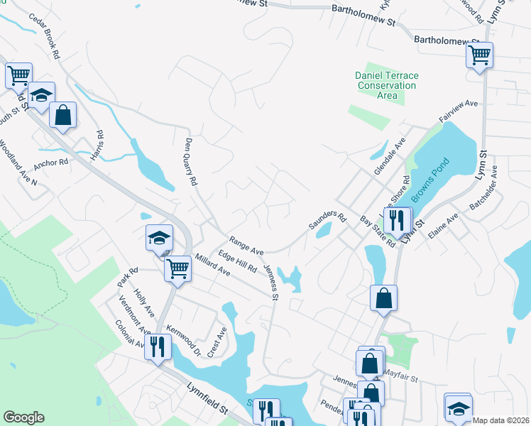 map of restaurants, bars, coffee shops, grocery stores, and more near 20 South View Road in Lynn