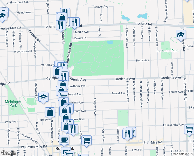 map of restaurants, bars, coffee shops, grocery stores, and more near 515 Gardenia Avenue in Royal Oak