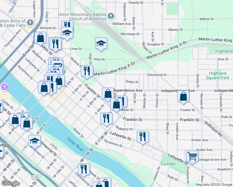 map of restaurants, bars, coffee shops, grocery stores, and more near 220 Irving Street in Waterloo