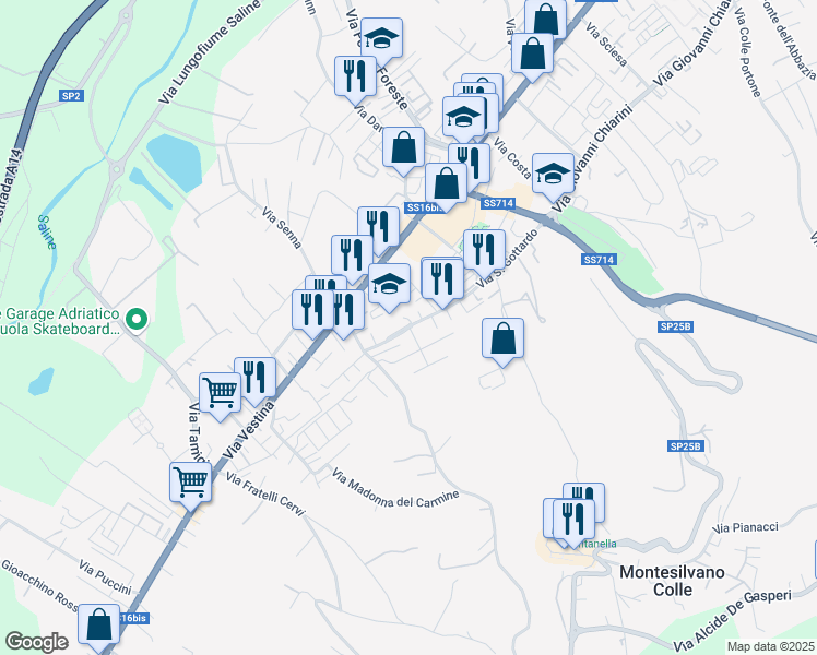 map of restaurants, bars, coffee shops, grocery stores, and more near Via Filippo Turati in Montesilvano