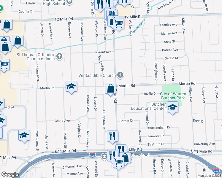 map of restaurants, bars, coffee shops, grocery stores, and more near 3858 Martin Road in Warren