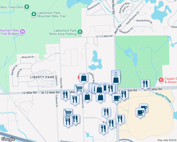 map of restaurants, bars, coffee shops, grocery stores, and more near 28050 Carlton Way Drive in Novi