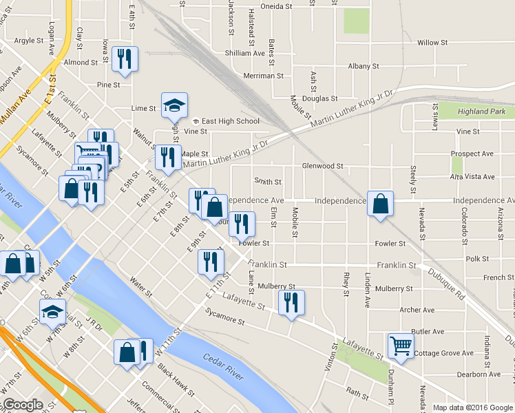 map of restaurants, bars, coffee shops, grocery stores, and more near 310 Independence Avenue in Waterloo