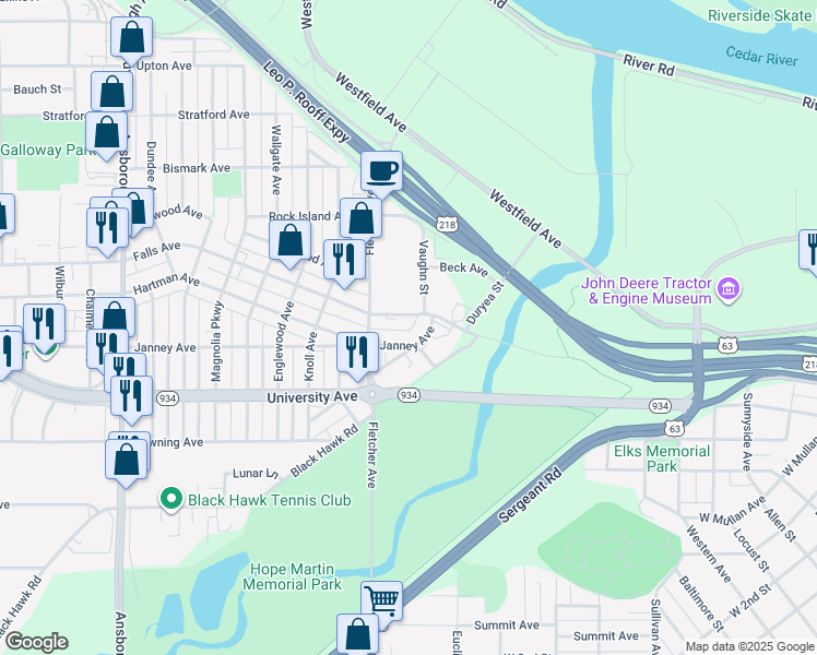 map of restaurants, bars, coffee shops, grocery stores, and more near 1621 Falls Avenue in Waterloo